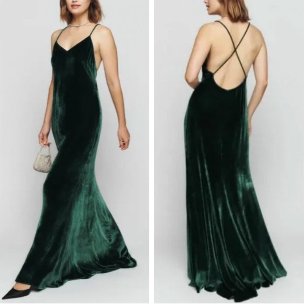 ✨SALE✨NWT Reformation Rimini Velvet Maxi Dress Gown - Forest Green Party Event